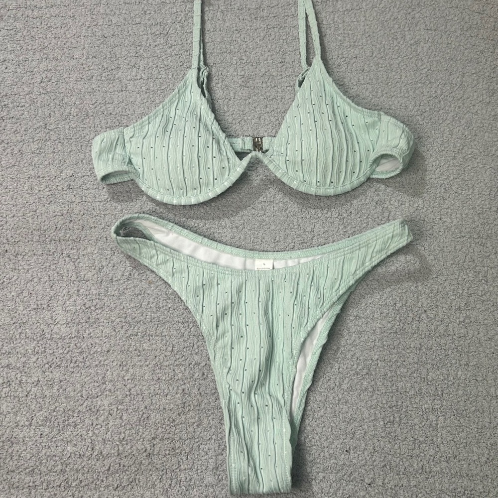 Mint Green Underwire Bikini Set Large Seafoam Pointelle Textured Swimsuit